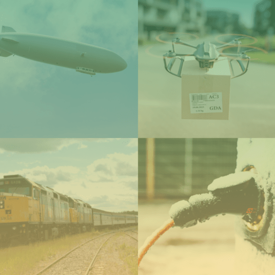 collage of airship, drone, locomotive and EV plug